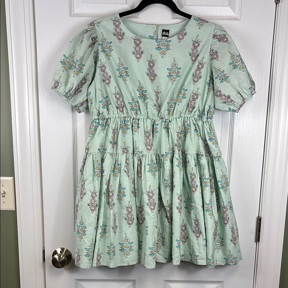 NWT Tea floral puff sleeve linen blend skirted dress sz 16
